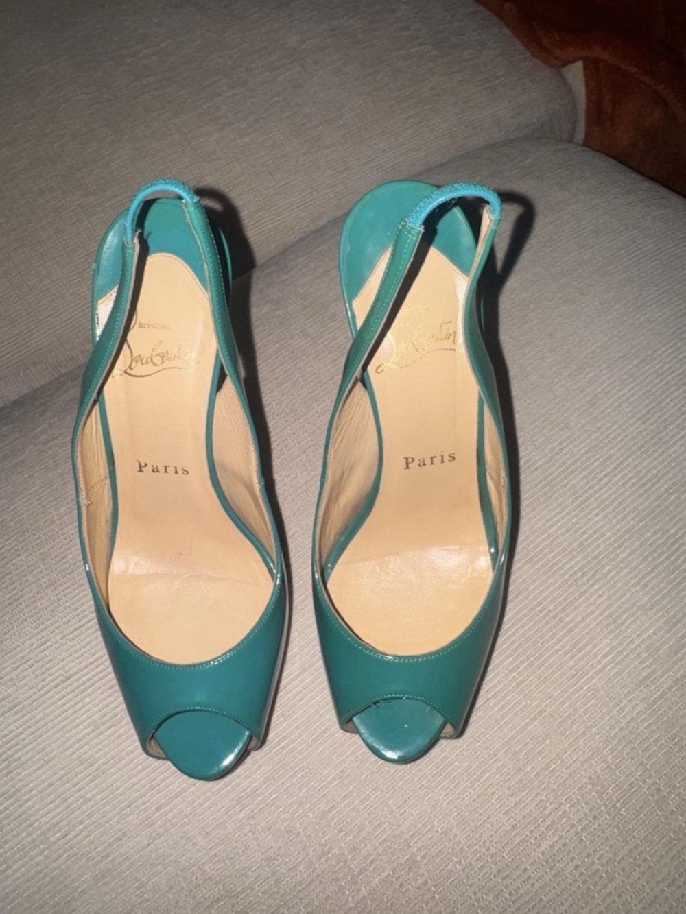 Christian Louboutin Lady Peep Sling 150 Patent Green & Red Peep Toe Heels. Size